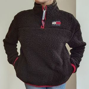 NWT Tommy Jeans quarter-zip Sherpa pullover, XS, black with red detail, pockets